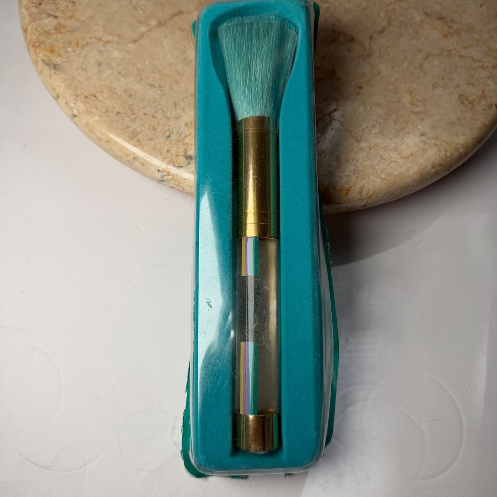 Newport Stripes Makeup Brush OS Teal Gold Vintage Fan Head Rainbow Handle